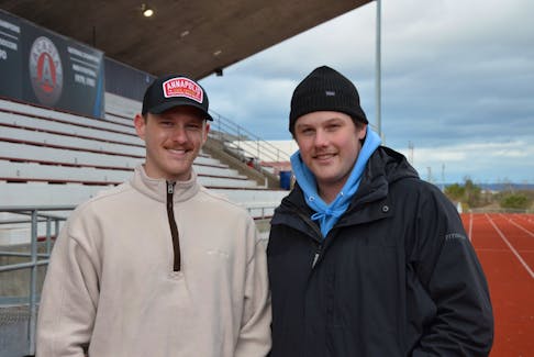 David Sandeson, organizer of the Move for Mental Health fundraiser, and fellow Movember supporter Aidan Robertson at Acadia University’s Raymond Field in Wolfville. They believe it’s important to raise awareness of mental health concerns, particularly among men. KIRK STARRATT