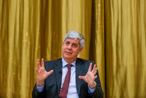European Central Bank (ECB) governing council member Mario Centeno speaks during an interview with Reuters, in Lisbon, Portugal, March 15, 2021.