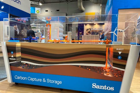 View of a model of carbon capture and storage designed by Santos Ltd, at the Australian Petroleum Production and Exploration Association conference in Brisbane, Australia May 18, 2022.