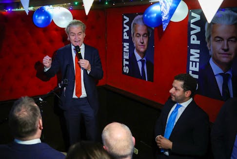 Dutch far-right politician and leader of the PVV party, Geert Wilders speaks as he reacts to the exit poll and early results in the Dutch parliamentary elections, in The Hague, Netherlands November 22, 2023.