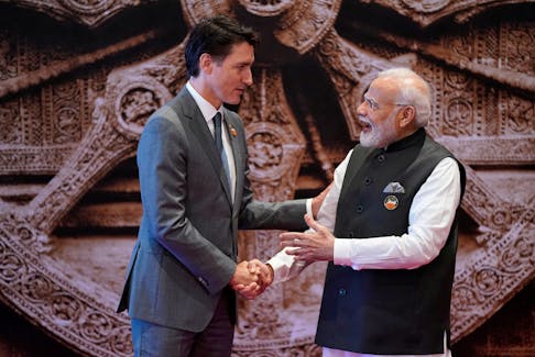 Indian Prime Minister Narendra Modi welcomes Canada Prime Minister Justin Trudeau upon his arrival at Bharat Mandapam convention center for the G20 Summit, in New Delhi, India, Saturday, Sept. 9, 2023. Evan Vucci/Pool via