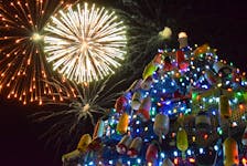 Fireworks light up the night sky behind the Municipality of Barrington’s lobster pot Christmas during the tree lighting in 2022. KATHY JOHNSON