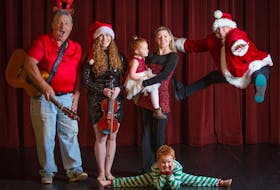 Norman Stewart, left, joins Courtney Hogan-Chandler, Rankin Chandler, Janelle Banks, Scott Chandler and Finnegan Chandler, in front, as they get ready to present Another Flippin’ Christmas Ceilidh at the Florence Simmons Performance Hall in Charlottetown, Nov. 25, 2-4 p.m. Nancy Hogan • Special to The Guardian