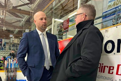 Hants County natives Joel Isenor, left, of the Truro Bearcats and Laurie Barron, right, of the Yarmouth Mariners were the coaches of the Maritime Hockey League’s South Division all-star team at the Eastern Canada Cup. Barron was the head coach and Isenor was his assistant. CONTRIBUTED