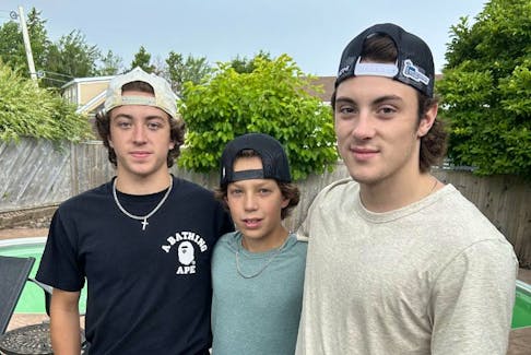 New Glasgow’s Landon Sim, right, and his brothers Lane, left, and Ewan are the sons of former NHL forward Jon Sim. Landon and Lane play in the OHL, while Ewan skates in the Nova Scotia Under-15 Major Hockey League. CONTRIBUTED