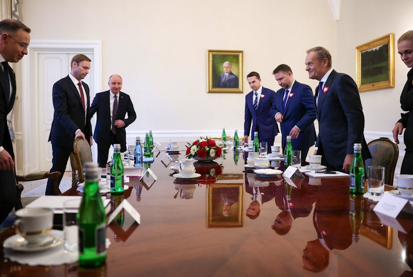 Polish President Andrzej Duda meets with leaders of Civic Coalition (KO), Donald Tusk, Adam Szlapka, Marcin Kierwinski, Barbara Nowacka, during consultations with leaders of the two main parties in the newly elected parliament - Law and Justice and Civic Platform, at the Presidential Palace in Warsaw, Poland, October 24, 2023.