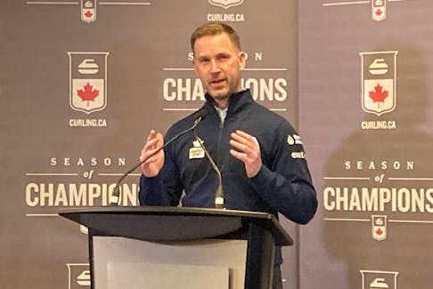 Canadian curling star Brad Gushue addresses the crowd during a news conference in Halifax on Wednesday to announce Nova Scotia will host three Olympic qualifying events in 2025. - Willy Palov