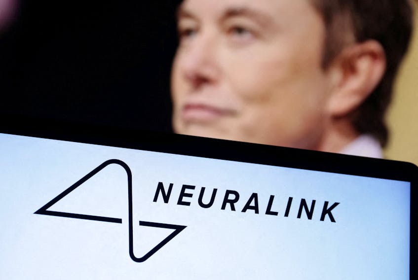 Neuralink logo and Elon Musk photo are seen in this illustration taken, December 19, 2022.