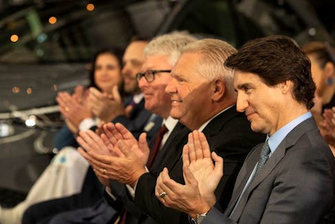 Prime Minister Justin Trudeau and Ontario Premier Doug Ford during an announcement on a Volkswagen electric vehicle battery plant on April 21, 2023. This announcement would swiftly be followed by plans for a similar (and even more subsidized) electric vehicle battery plant built by Stellantis.  