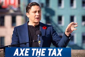 Conservative Leader Pierre Poilievre speaks about eliminating the Liberals' carbon tax at a news conference in St. John's, N.L., on Friday, Oct. 27, 2023.