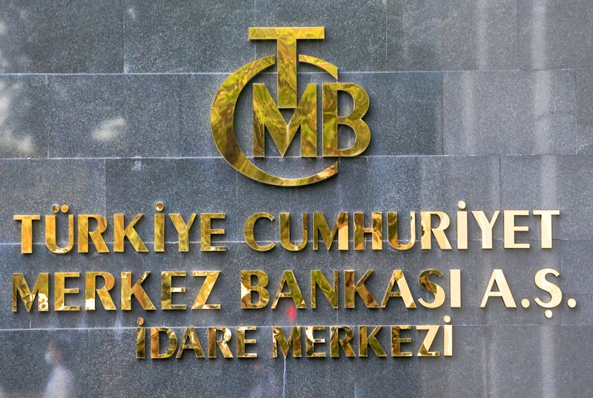 A logo of Turkey's Central Bank is pictured at the entrance of its headquarters in Ankara, Turkey October 15, 2021.