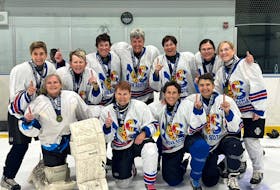 The gold medal winning Fundy Fury 60+ women’s hockey team, front row, from left, Sheila Clarke, Elaine Hartlyn, Sonya Aikens, and Cate Tully. Back row, Deb Tully, Cindy Miller, Della Boyle, Luann Boyle, Lorraine MacPherson, Kathy Dean and Bev Read. Contributed