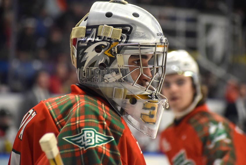 Cape Breton Eagles goaltender Jakub Milota made 20 saves for his first career Quebec Major Junior Hockey League shutout on Friday against the Halifax Mooseheads at Centre 200 in Sydney. JEREMY FRASER/CAPE BRETON POST.