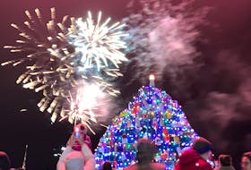 Fireworks light up the night sky at the Municipality of Barrington’s lobster pot Christmas tree lighting festivities on Nov. 23 on the North East Point waterfront on Cape Sable Island.  The tree will stay lit until early in the new year. Kathy Johnson