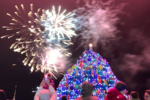 Fireworks light up the night sky at the Municipality of Barrington’s lobster pot Christmas tree lighting festivities on Nov. 23 on the North East Point waterfront on Cape Sable Island.  The tree will stay lit until early in the new year. Kathy Johnson
