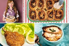 Clockwise from top left: Television host and author Mary Berg, apple cinnamon biscuit buns, Irish onion soup, and brine and bake pork chops. PHOTOS BY LAUREN VANDENBROOK