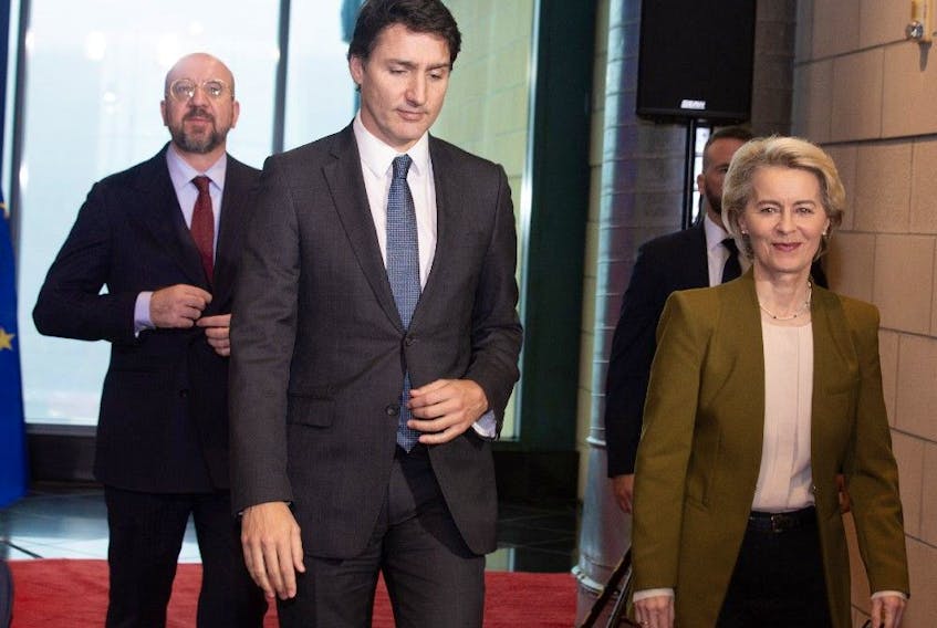 European Council President Charles Michel, Prime Minister Justin Trudeau and European Commission President Ursula von der Leyen (left to right) leave a news conference in St. John’s on Friday, Nov. 24, 2023 on the second day of the Canada-EU Summit.