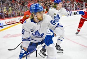 Toronto's William Nylander in action during the NHL Global Series Sweden ice hockey match between Toronto Maple Leafs and Detroit Red Wings and at Avicii Arena in Stockholm, Sweden, Friday Nov. 17, 2023.