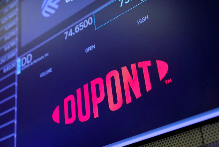 The logo for DuPont de Nemours, Inc. is seen on the trading floor at the New York Stock Exchange (NYSE) in Manhattan, New York City, U.S., August 3, 2021.