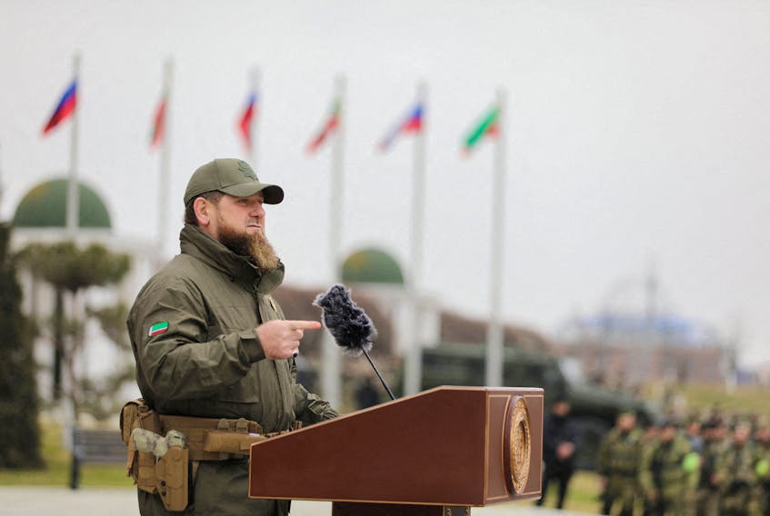 Head of the Chechen Republic Ramzan Kadyrov addresses service members while making a statement, dedicated to a military conflict in Ukraine, in Grozny, Russia February 25, 2022.