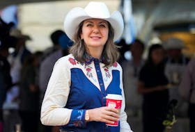 Alberta Premier Danielle Smith looks on at the Premier's Stampede Breakfast during the annual 10-day Calgary Stampede rodeo and exhibition in Calgary, Alberta, Canada July 10, 2023. 