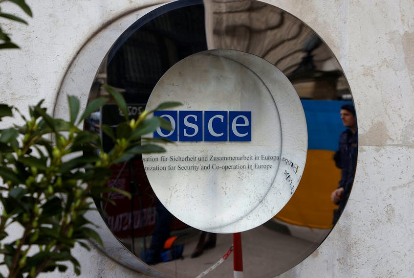 The OSCE sign is seen outside Hofburg Palace as a Parliamentary Assembly of the Organization for Security and Cooperation in Europe (OSCE) takes place in Vienna, Austria, February 23, 2023.