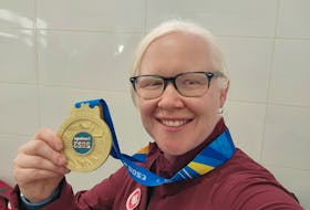 Amy (Kneebone) Burk displays the gold medal the right-winger won with the Canadian women’s goalball team at the 2023 Parapan Am Games in Santiago, Chile, on Nov. 24. Burk, who lives in Ottawa, is from Charlottetown. Contributed