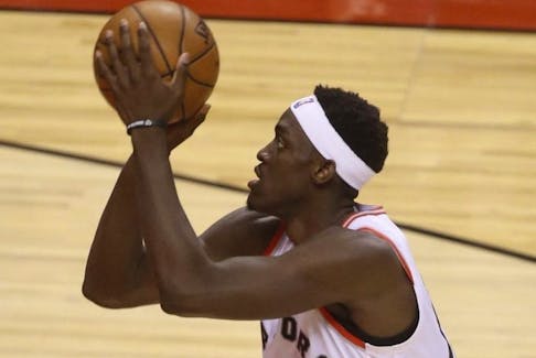Pascal Siakam of the Toronto Raptors attempts a free throw during an NBA game on April 23, 2019. 
