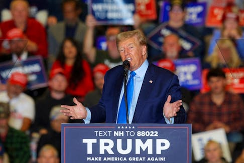 Republican presidential candidate and former U.S. President Donald Trump speaks during a campaign rally in Claremont, New Hampshire, U.S., November 11, 2023.