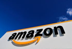 The logo of Amazon is seen at the company's logistics centre in Boves, France, October 6, 2021