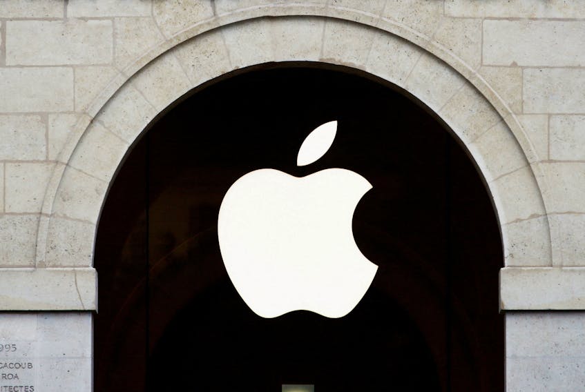 Apple logo is seen on the Apple store at The Marche Saint Germain in Paris, France July 15, 2020. 