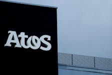 The logo of Atos is seen on a company building in Nantes, France, March 11, 2022.