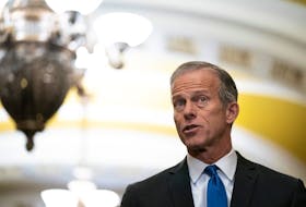 Senator John Thune (R-SD) speaks to reporters after the weekly senate party caucus luncheons at the U.S. Capitol in Washington, D.C., U.S., November 7, 2023.