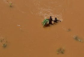 People hold on to plants as they wade through flood waters after they were displaced following heavy rains in Garsen, Tana Delta within Tana River county, Kenya November 23, 2023.