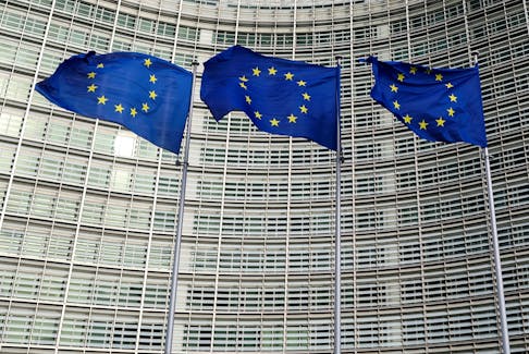European Union flags fly outside the European Commission in Brussels, Belgium, November 8, 2023.