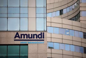 A logo of Amundi is seen outside the company headquarters in Paris, France, February 3, 2023.