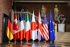 Flags are pictured during the first working session of G-7 foreign ministers in Muenster, Germany, November 3, 2022.