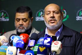 Hamas officials, Khalil Al-Hayya and Osama Hamdan, attend a press conference in Beirut, Lebanon, November 21, 2023.