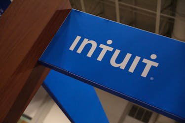 The logo of financial software company Intuit is displayed at the Collision conference in Toronto, Ontario, Canada June 23, 2022. Picture taken June 23, 2022.