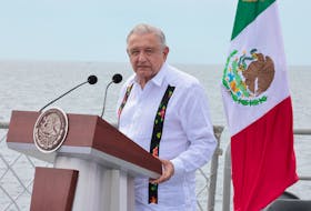 Mexico's President Andres Manuel Lopez Obrador, delivers a speech in tribute to the families of the victims of Hurricane Otis in Acapulco, in the Naval Region of Acapulco, state of Guerrero, Mexico November 23, 2023, in this photo released and distributed by Mexico Presidency/Handout via