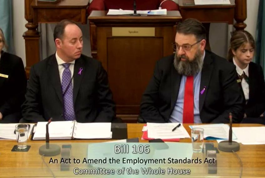 A private members bill, introduced by Liberal Opposition Leader Hal Perry (right), that expanded the number of required paid sick days provided to workers, has passed 2nd reading in the P.E.I. legislature – Screenshot