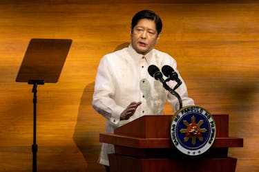  Philippine President Ferdinand Marcos Jr. gestures as he delivers his second State of the Nation Address (SONA), at the House of Representative in Quezon City, Metro Manila, Philippines, July 24, 2023.