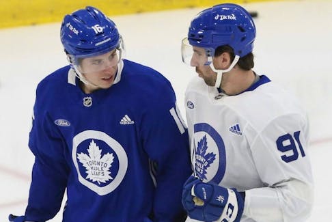 Maple Leafs forwards Mitch Marner (left) and John Tavares have been slotted on the same line after playing on separate lines to start the 2023-24 NHL season.