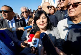 President of Tunisia's Free Destourian Party Abir Moussi speaks to the media during a protest demanding the dissolution of parliament and asking for early legislative elections, in Tunis, Tunisia November 20, 2021.