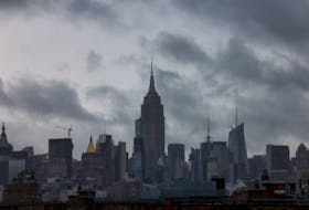A general view of the New York City skyline after heavy rains as the remnants of Tropical Storm Ophelia bring flooding across the mid-Atlantic and Northeast, in New York City, U.S., September 29, 2023. 
