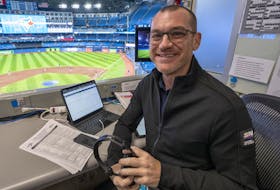 Ben Wagner sits in the Sportsnet broadcast booth in Toronto in 2022.