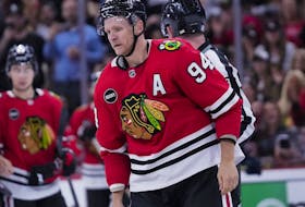 Chicago Blackhawks' Corey Perry heads to the penalty box during a game earlier this season