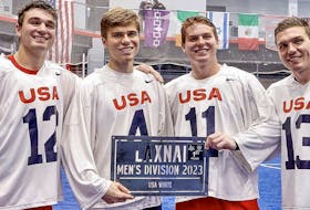 Cole Kirst (left) with his brothers Colin, CJ and Connor after capturing the 2023 North American Invitational (LAXNAI) Championship, the world's largest international box lacrosse tournament held in Utica, N.Y., in October. - Halifax Thunderbirds