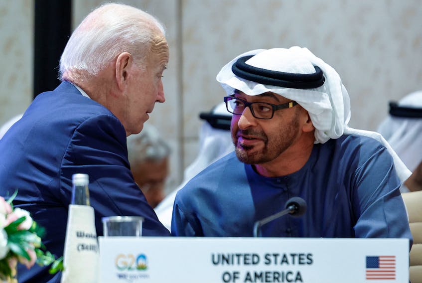 U.S. President Joe Biden speaks with UAE President Sheikh Mohamed bin Zayed Al Nahyan as they attend Partnership for Global Infrastructure and Investment event on the day of the G20 summit in New Delhi, India, September 9, 2023.