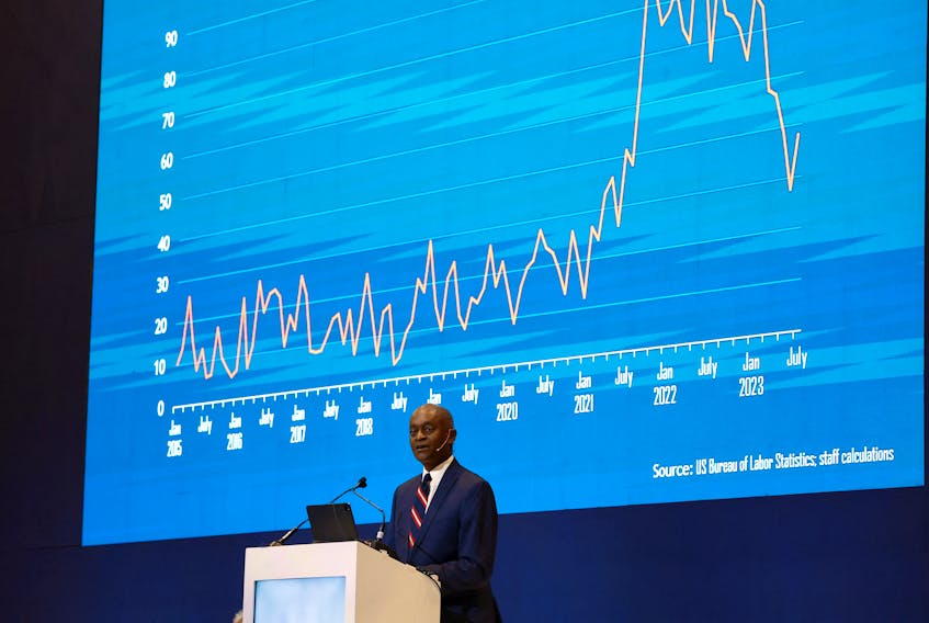 President and chief executive officer of the Federal Reserve Bank of Atlanta, Raphael Bostic speaks at the South African Reserve Bank's Biennial Conference in the Cape Town International Convention Centre, South Africa, August 31, 2023.
